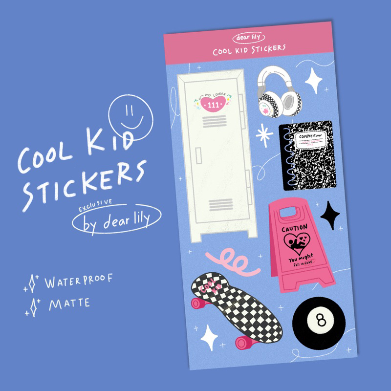 

Dear Lily- Cool Kid Sticker / Stiket Set Tema Cool Kid Aesthetic/ Art Print School Locker / Loker sekolah / Headphone Aesthetic / Composition / Stiker Caution You Might Fall in Love / Stiker Die Cut y2k Aestetik Korea