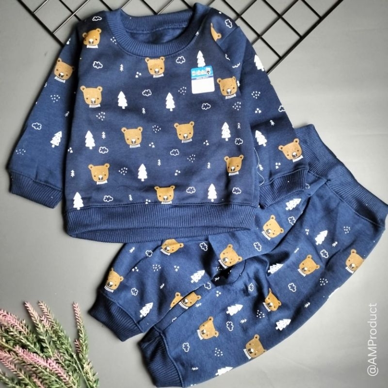 setelan sweater piyama bayi fleece 3-12 bulan motif bear mountain