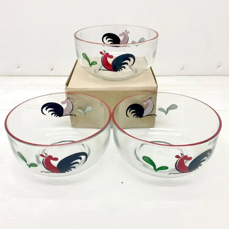 MANGKOK KACA BENING MOTIF AYAM JAGO JADUL