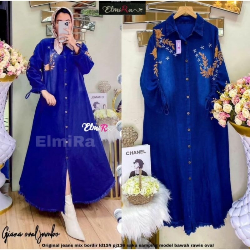 Navy Giana Oval Midi Dress Maxi Gamis Hitam Jumbo Jeans Rawis Bordir Bunga Ld 110 Fit XXL By Elmira