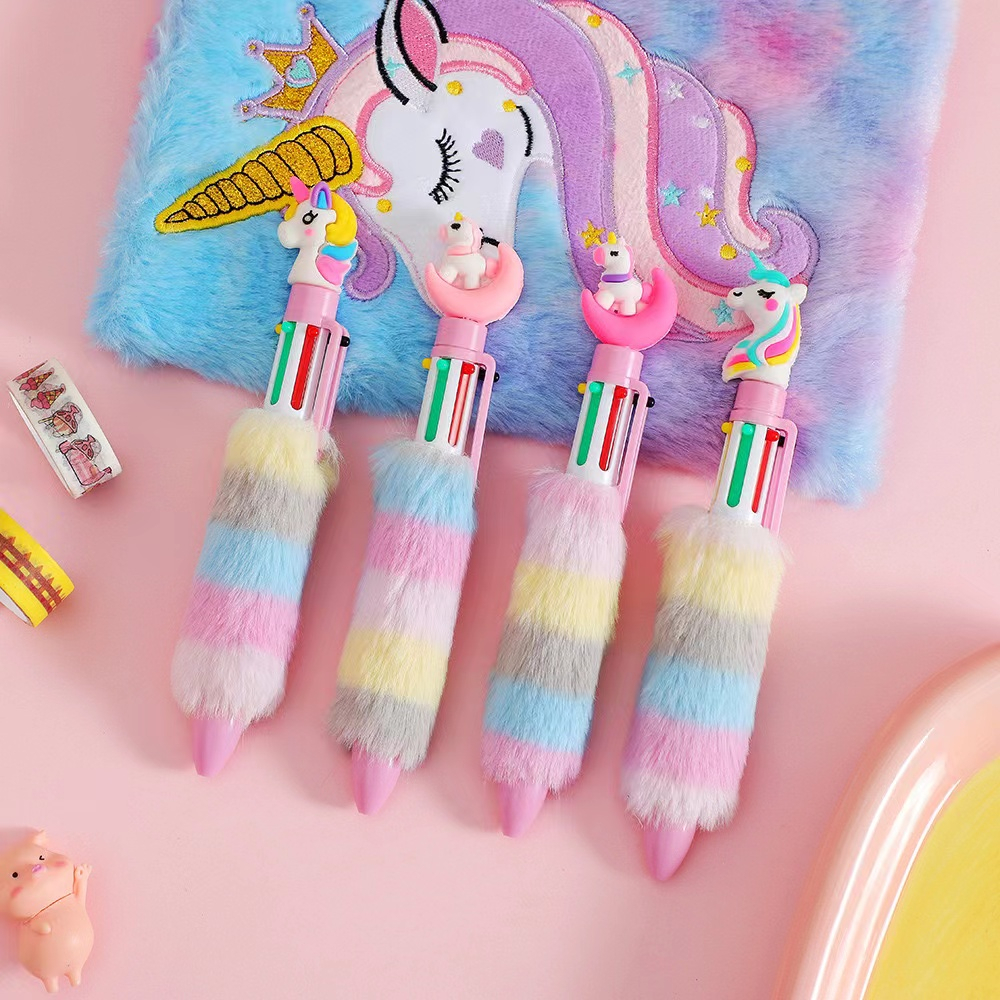 Pena bolpoin unicorn mewah kartun baru, gadis-gadis, menekan pena tulis enam warna, alat tulis menulis anak-anak yang lucu