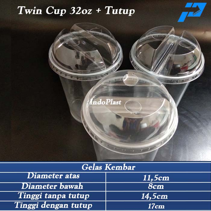 Gelas Plastik Kembar/Twin Cup 32oz/Gelas 2 in 1 + Tutup/Gelas 1set