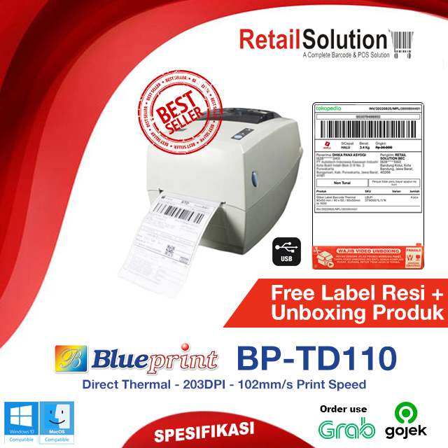 Printer Barcode Label Thermal USB - Blueprint TD110 / TD-110