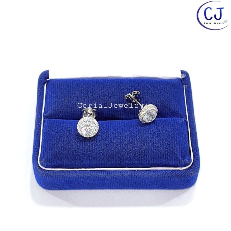 Anting Tusuk Perak Asli Silver 925 Lapis Emas Putih Model Bulat Permata Diamond Keliling - Perhiasan Perak Asli