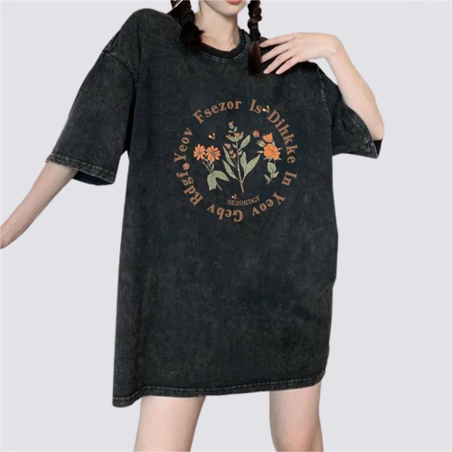 XIAOZHAINV Korean Style Round Flower Pattern Washed Printing Kaos Wanita