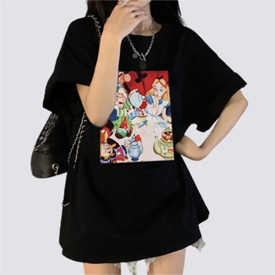 XIAOZHAINV Kaos Atasan Wanita Disney Fairy Tale Pattern Lengan Pendek A0247