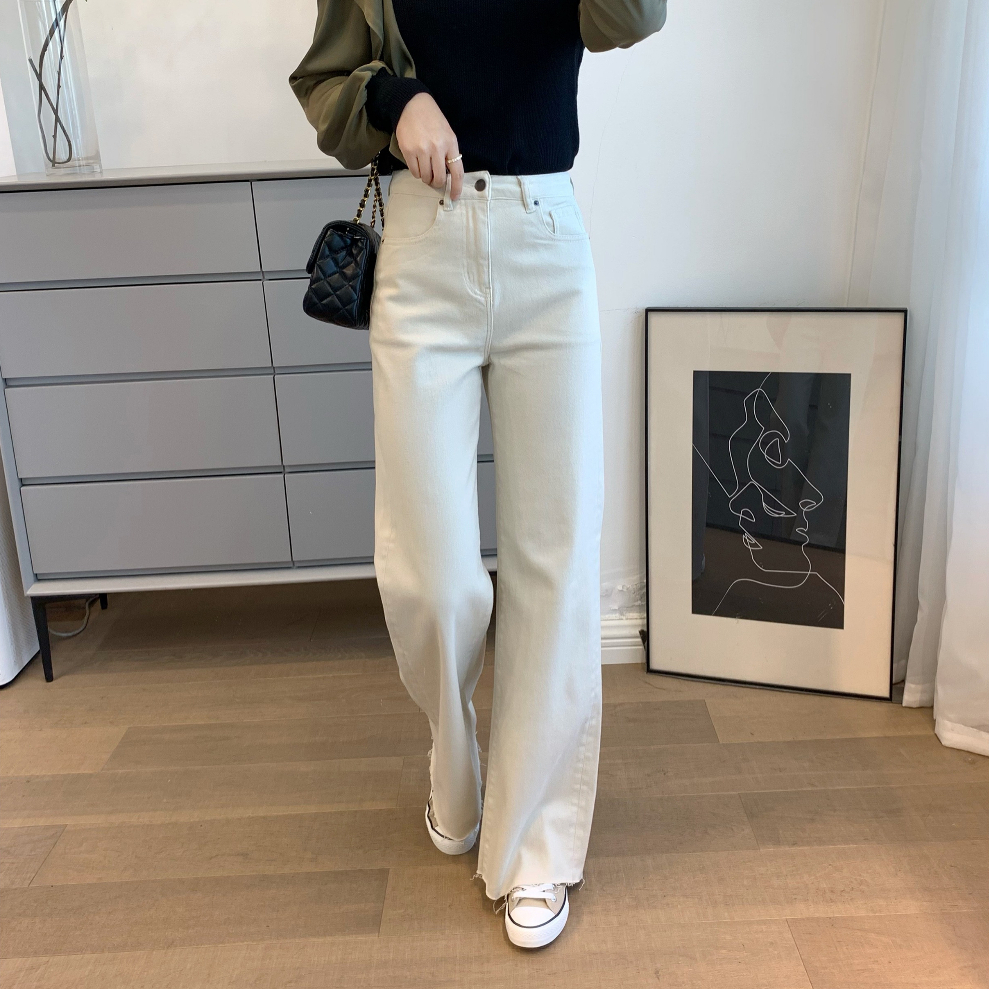 Krem Korean Highwaist Loose Celana Jeans Wanita Rawis
