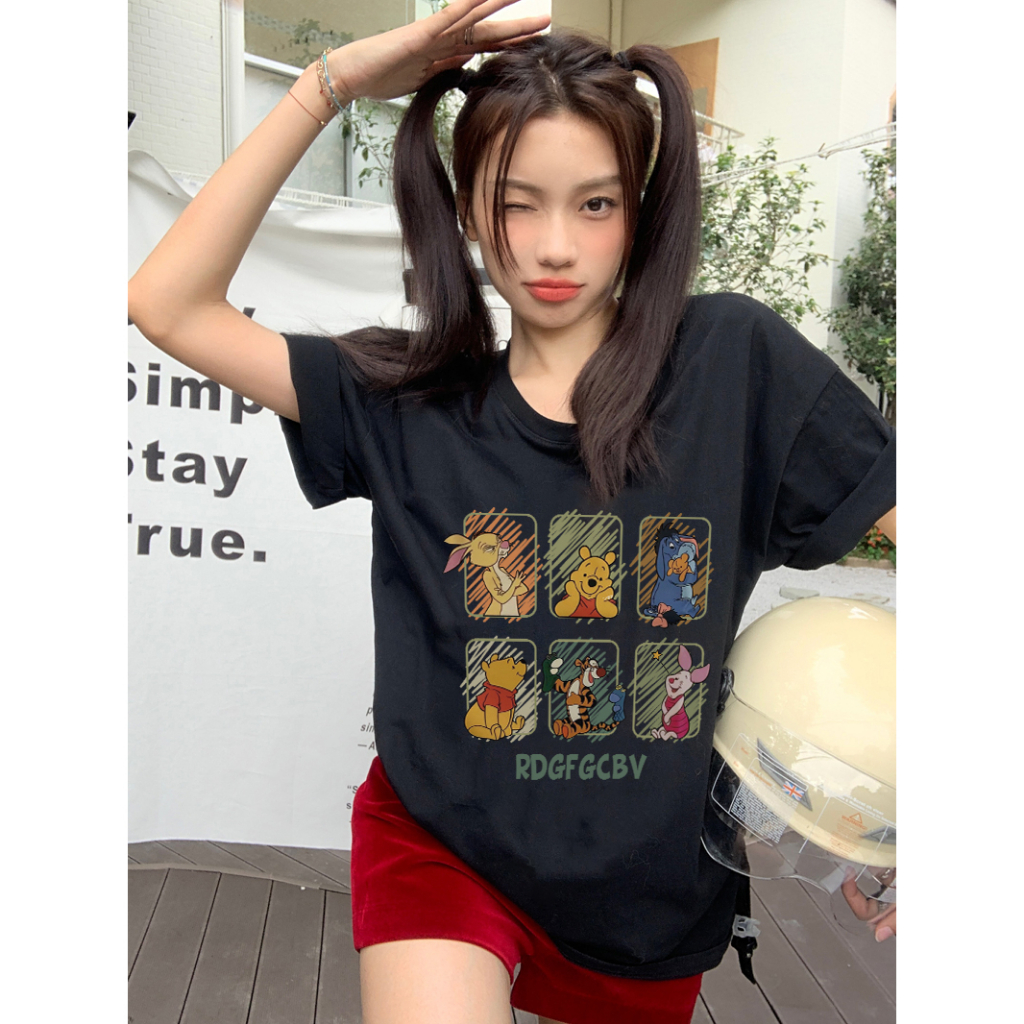 EUNII T-shirt Lengan Pendek Cartoon Winnie The Pooh Printing Korean Style/Kaos Atasan Wanita/Baju Wanita/Kaos Wanita