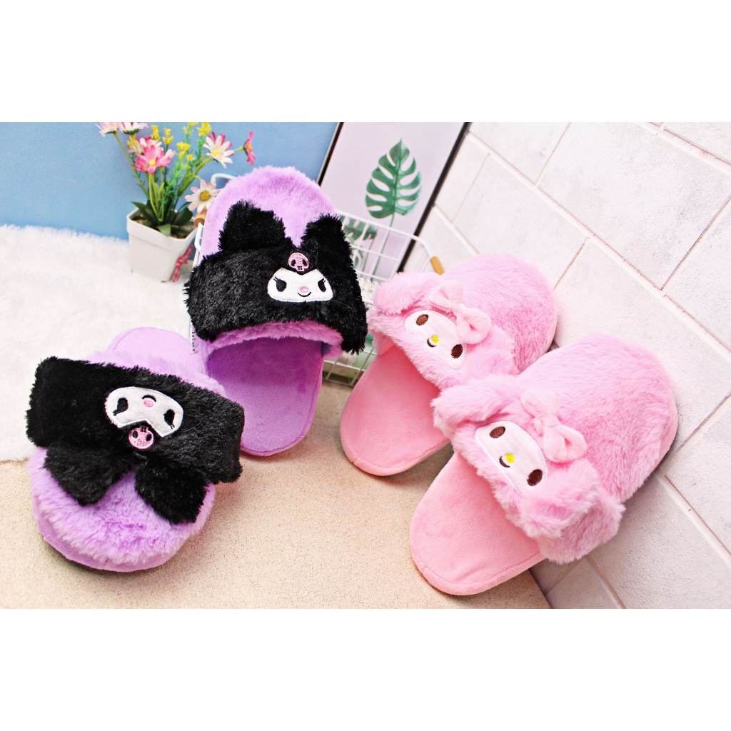 Sandal Rumah Wanita Sanrio Bulu Halus Anti Selip Karakter Kuromi My Melody Slipper Kamar Bulu Empuk Hangat Motif Lucu