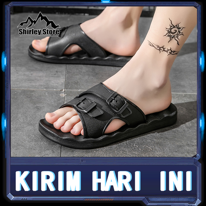 [ 100% IMPORT ]Sandal Pria✨Sandal Karet Pria✨Tahan Guncangan Tahan Air Non-Slip✨Sol Pijat✨Hitam-OS92