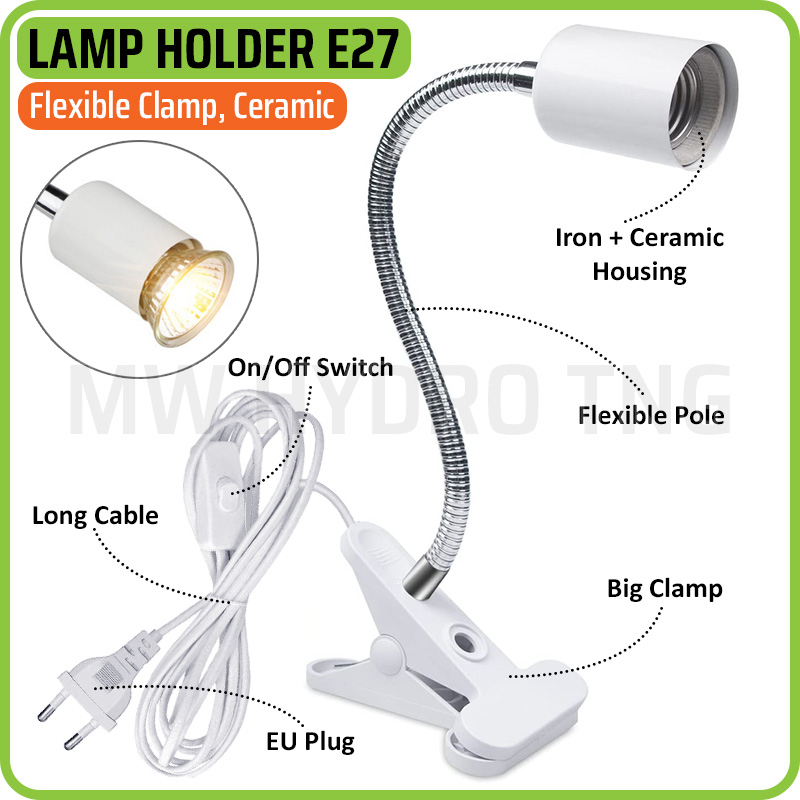 Fitting Jepit Lampu Fleksibel Keramik dengan Saklar, Flexible Ceramic E27 Lamp Holder Clamp &amp; Switch