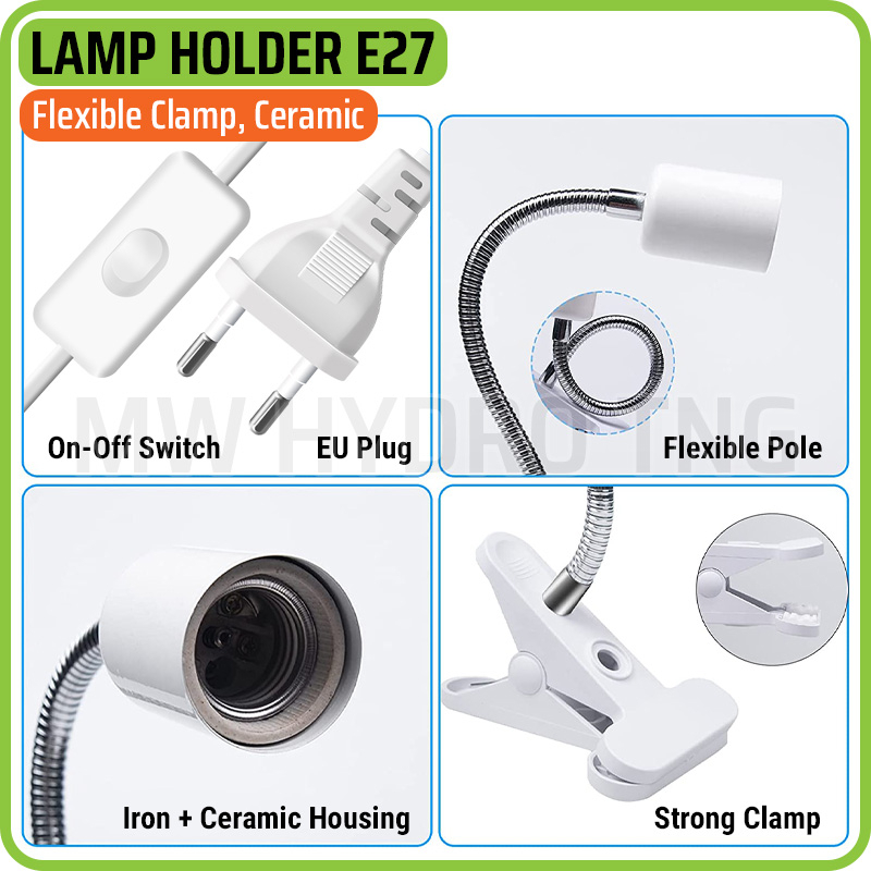 Fitting Jepit Lampu Fleksibel Keramik dengan Saklar, Flexible Ceramic E27 Lamp Holder Clamp &amp; Switch