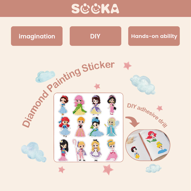 SOOKA Stiker Bergambar Berkilau - Stiker bergambar dari manik-manik yang berkilau dengan model kartun, cocok untuk anak-anak perempuan, stiker kreatif dengan buatan tangan DIY seperti membuat stiker mainan anak, stiker princess SK-AIA1130