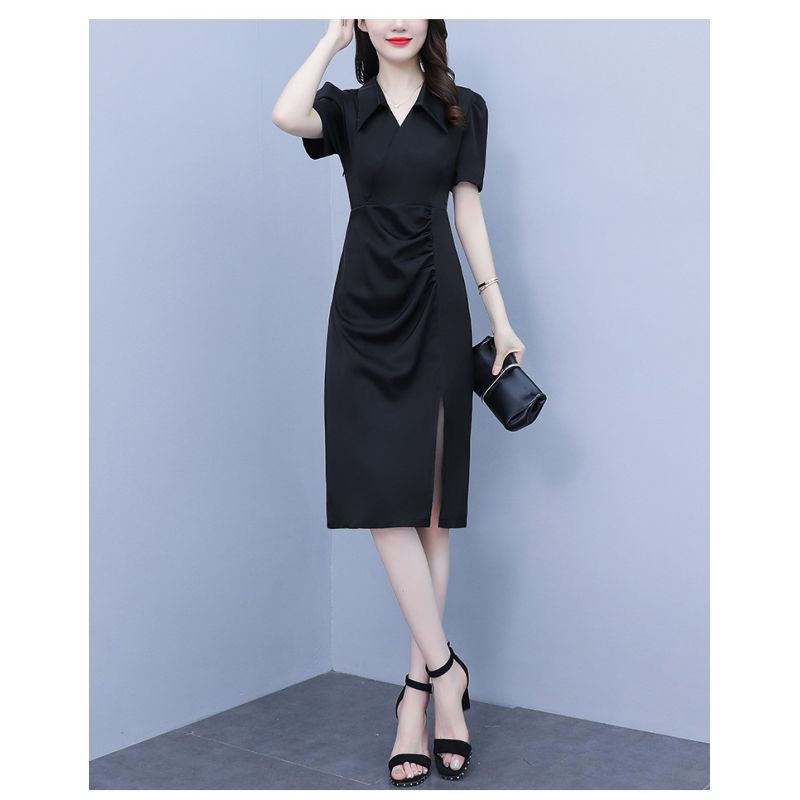 Dress wanita hitam model cantik katunsilk Korea lengan pendek elegant