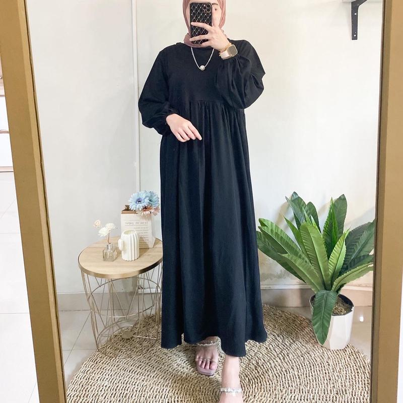 Belina Midi Dress Kekinian Crinkle Airflow Premium Daily Dress Korean Style Rempel Lengan Panjang Terbaru Gamis Lengan Karet