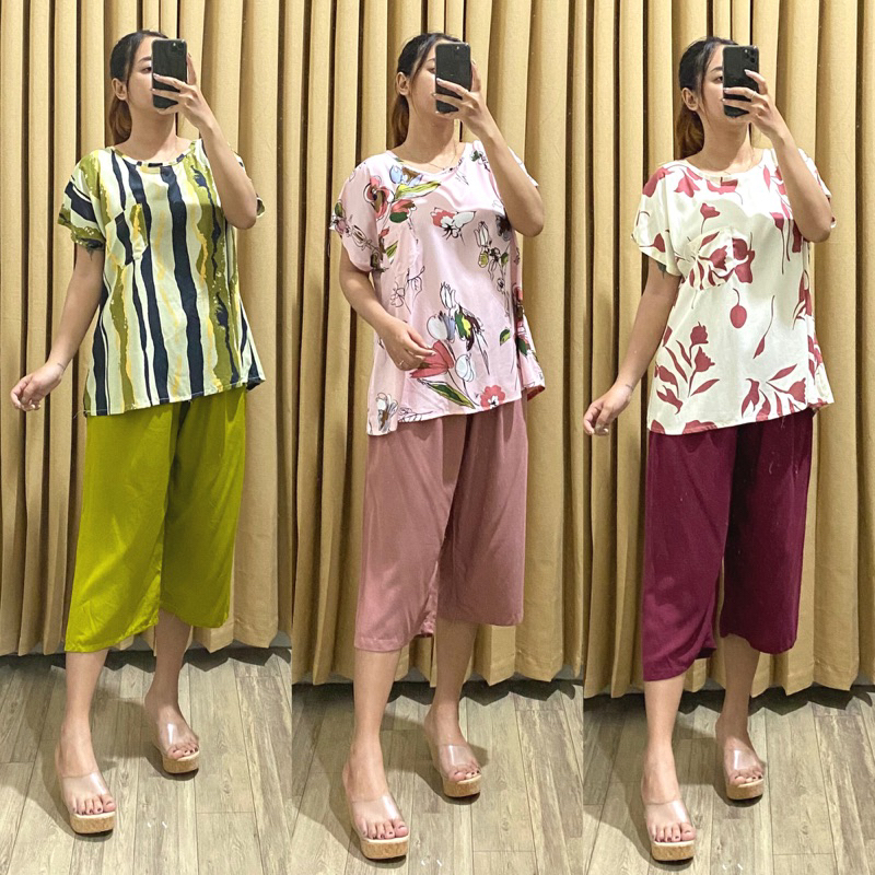 BABYDOLL RAYON DEWASA CELANA 7/8 | PIYAMA RAYON CELANA 7/8 | ONESET 7/8 RAYON | PAJAMAS VIRAL | PIYAMA VIRAL | PIYAMA KEKINIAN | HOMEWEAR 7/8 DEWASA LD 110 -120 SETELAN  LENGAN PENDEK CELANA 7/8 MOTIF KEKINIAN