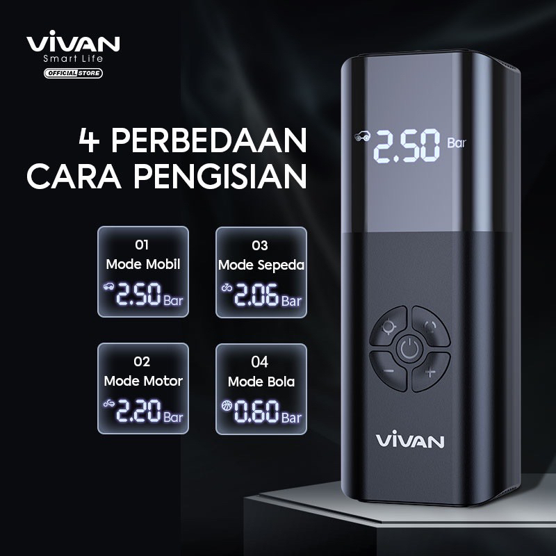 Pompa Ban Mobil Portable VIVAN Inflator Tire VTI02 Elektrik LCD Display Air Compressor Mini Serbaguna Garansi Resmi 1 Tahun