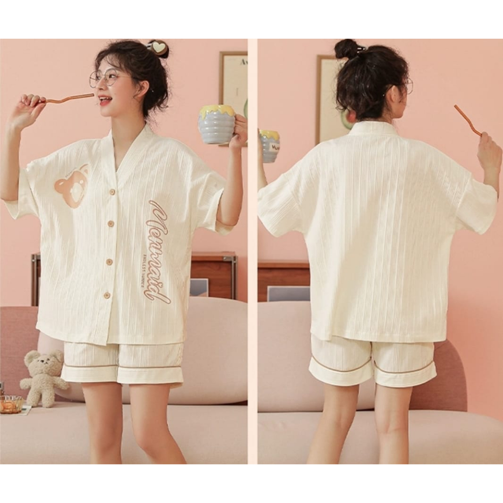 Baju tidur piyama pendek bahan kaos import kancing lima