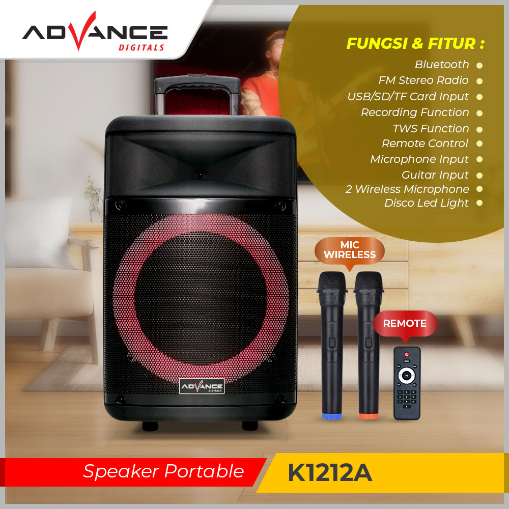 Speaker Bluetooth Advance K1212A Speaker 12 inch Speaker Meeting Speaker Portable 2 Mic Bergaransi 1 Tahun