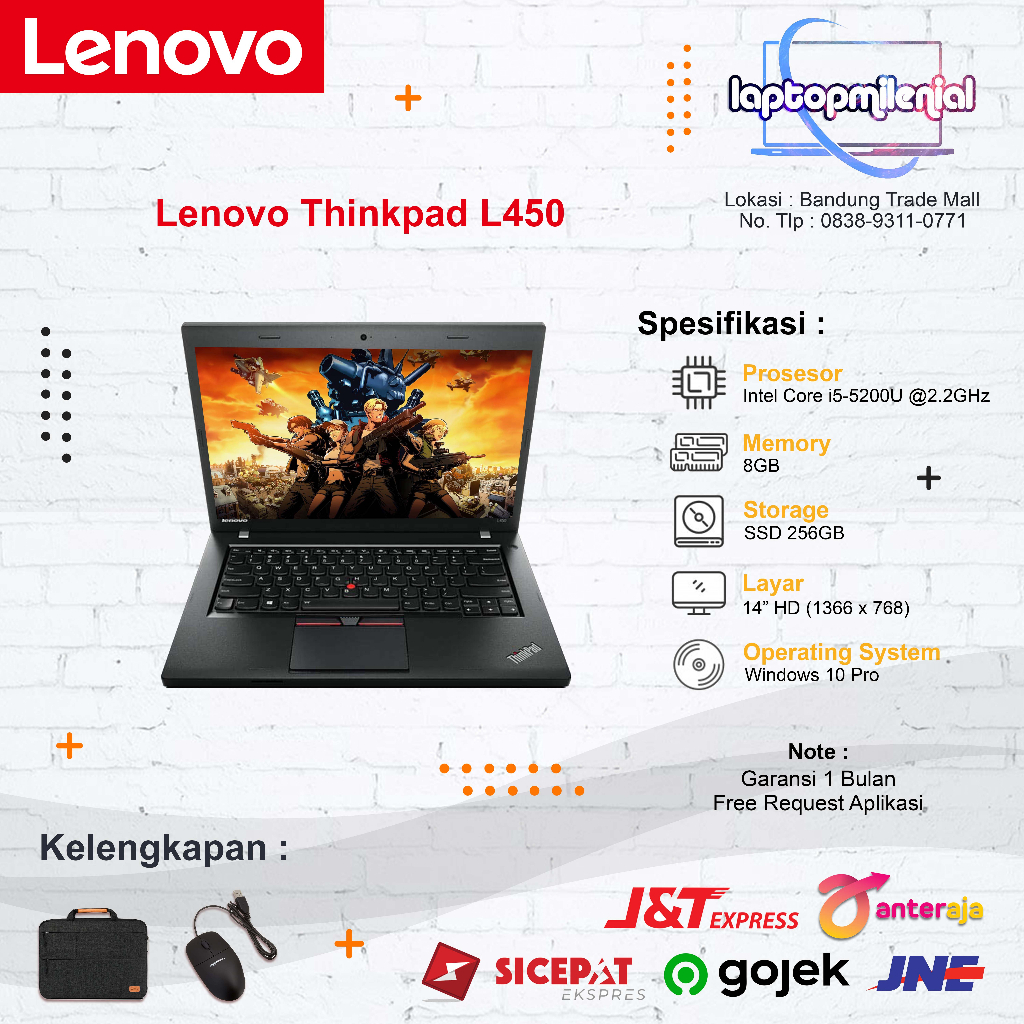 Laptop Lenovo Thinkpad L450 i5 gen 5 RAM 8GB SSD 256GB Win 10 Siap Pakai Bergaransi