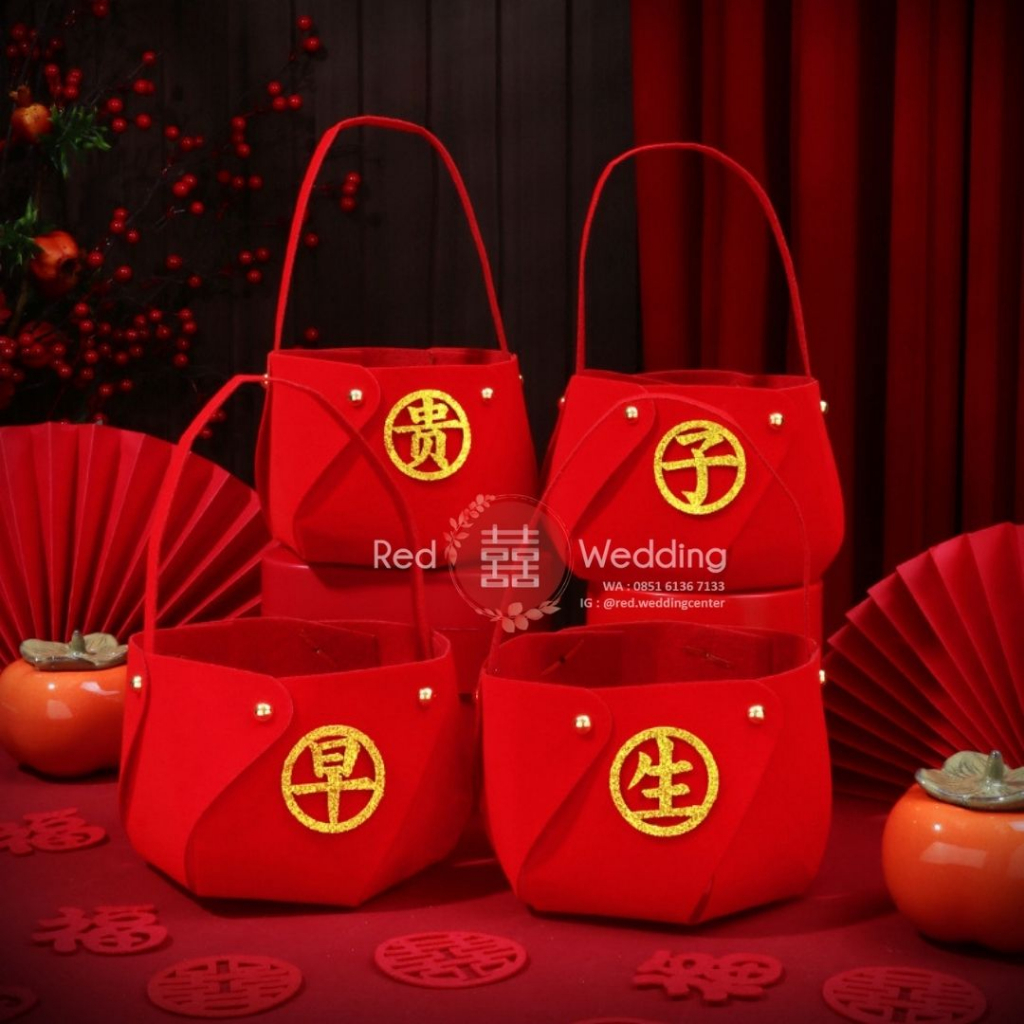 Set 4pcs Tas Keranjang Kecil Merah [ZAO SHENG GUI ZI] Sangjit Wedding Dekorasi Bahan Non-Woven Bag