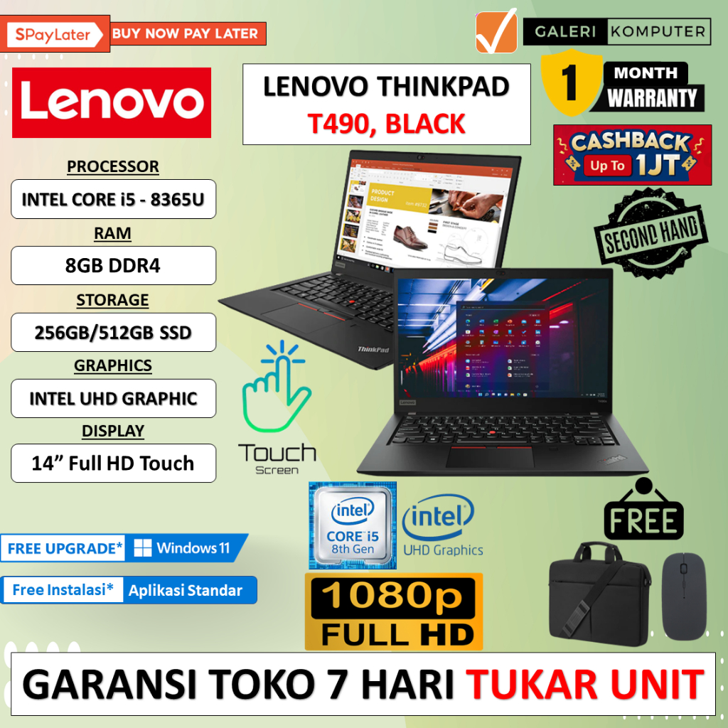 LAPTOP SLIM SECOND MURAH LENOVO THINKPAD T490 INTEL CORE i5 - 8365U 8GB 512GB 14&quot; FHD TOUCH WINDOWS 10 PRO