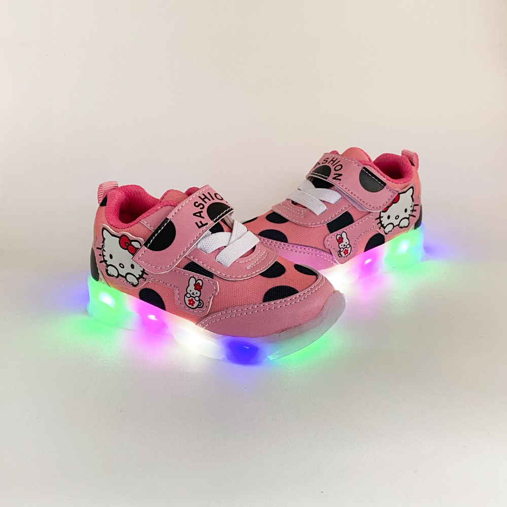 Sepatu Sneakers LED Anak Perempuan Model Terbaru / Sepatu HELLO KITTY POLKADOT  Lucu