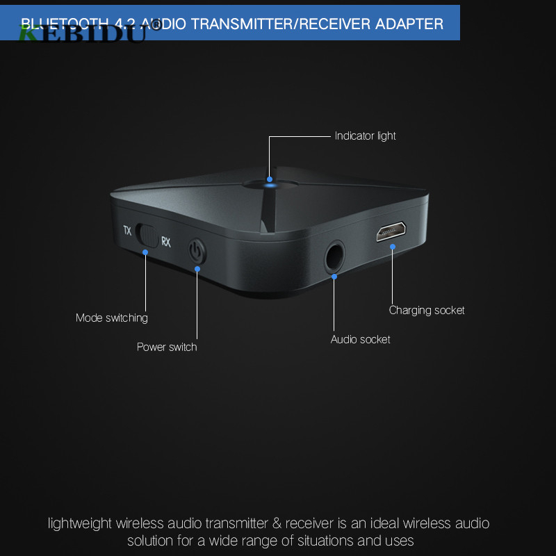 KEBIDU Audio Bluetooth Receiver Transmitter 5.0 AUX 3.5mm Speaker TV - KN319 - Black