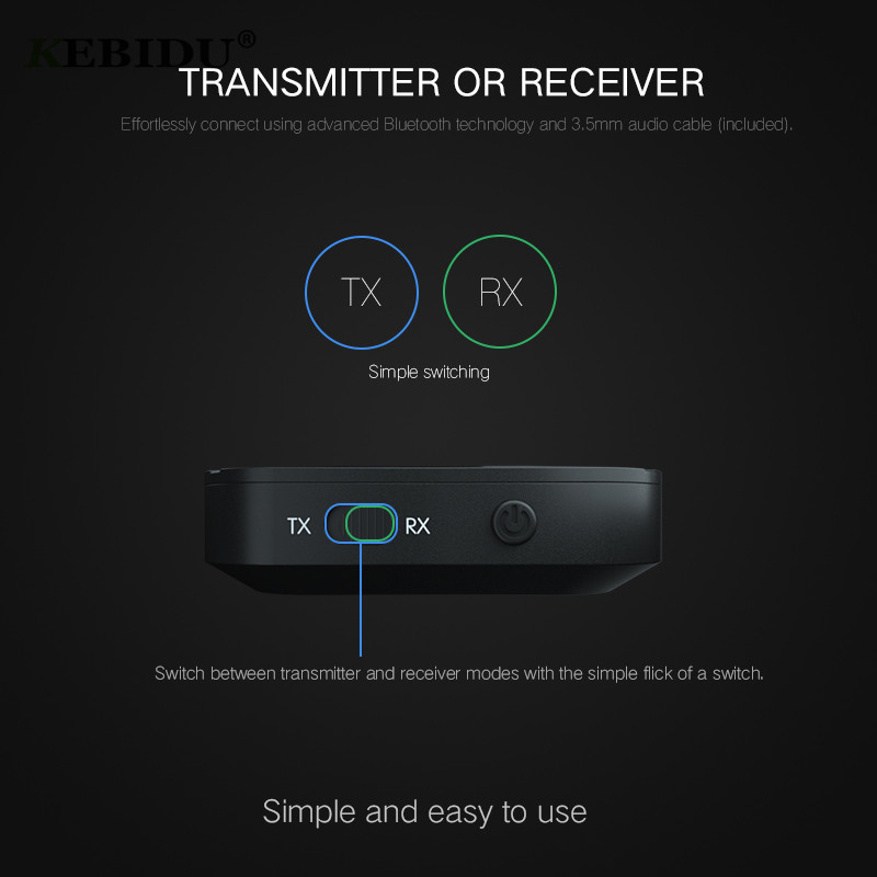 KEBIDU Audio Bluetooth Receiver Transmitter 5.0 AUX 3.5mm Speaker TV - KN319 - Black