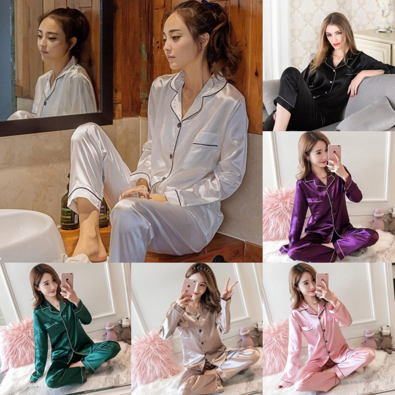 Ready Stock!!! UNISEX Baju Tidur Piyama Set Bahan Satin POLOS Lengan Panjang Celana Panjang / Piyama Import / Super High Quality / Baju Tidur Import / Baju Tidur Murah / Piyama Set / Baju Tidur Set