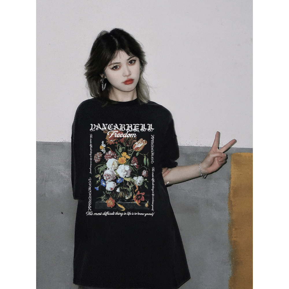 EUNII T-shirt Lengan Pendek Black Washed  Retro Rose Printing Korean Style/Kaos Atasan Wanita/Baju Wanita/Kaos Wanita