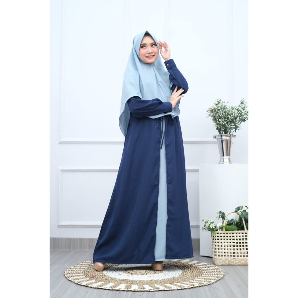 Lesta Langgeng - Gamis Solo - Gamis Muslim Syari - Wanita Muslimah - Layer - Set Hijab - Biru Dongker - Bahan Wolfis Premium - Polos