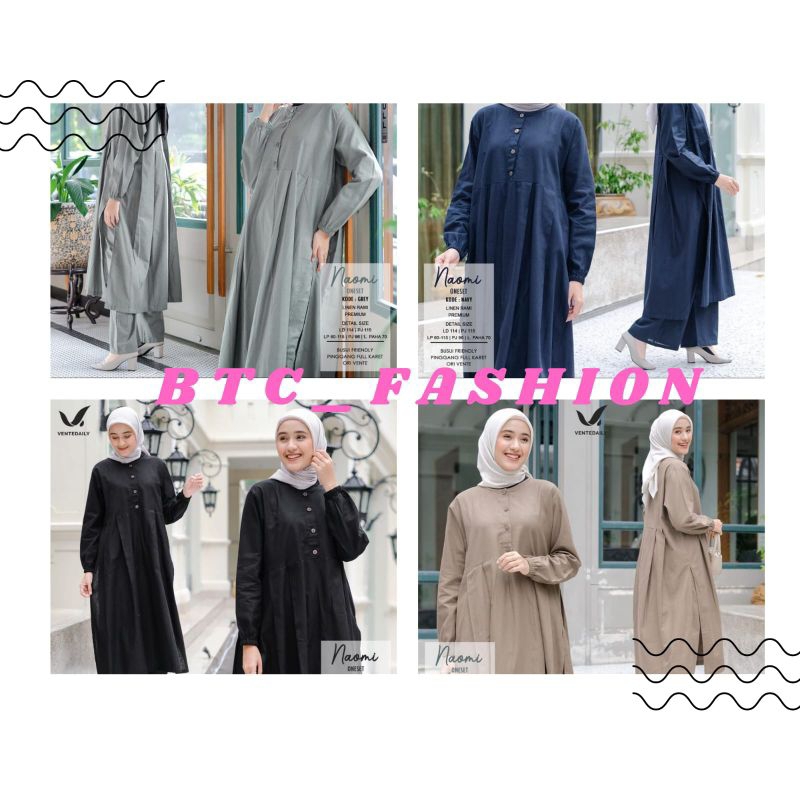 Vente Daily Naomi OneSet Setelan Baju Wanita Linen Polos / Linen Rami Premium LD 114 Cm / Long Tunik