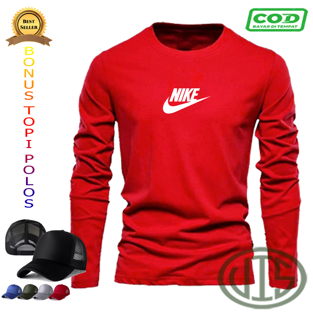 GRATIS TOPI...Kaos Lengan Panjang NIKE 0002 PUTIH+TOPI Distro Premium / Kaos Murah COTTON 30S / Kaos
