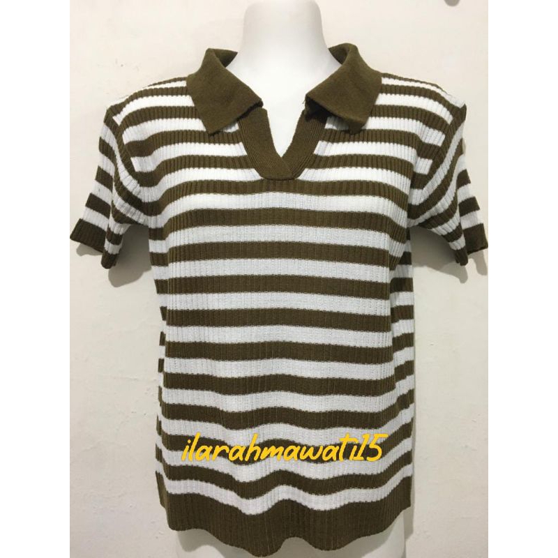 Atasan rajut kerah polo motif salur/vneck croptop blouse rajut