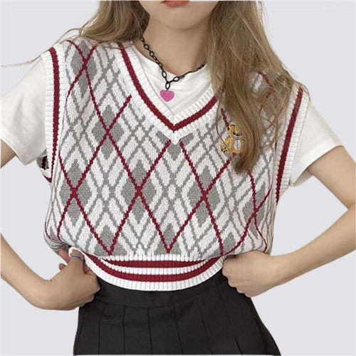 XIAOZHAINV Bear Pattern Rompi Rajut Pendek Korea V-Neck Crop Top 0059