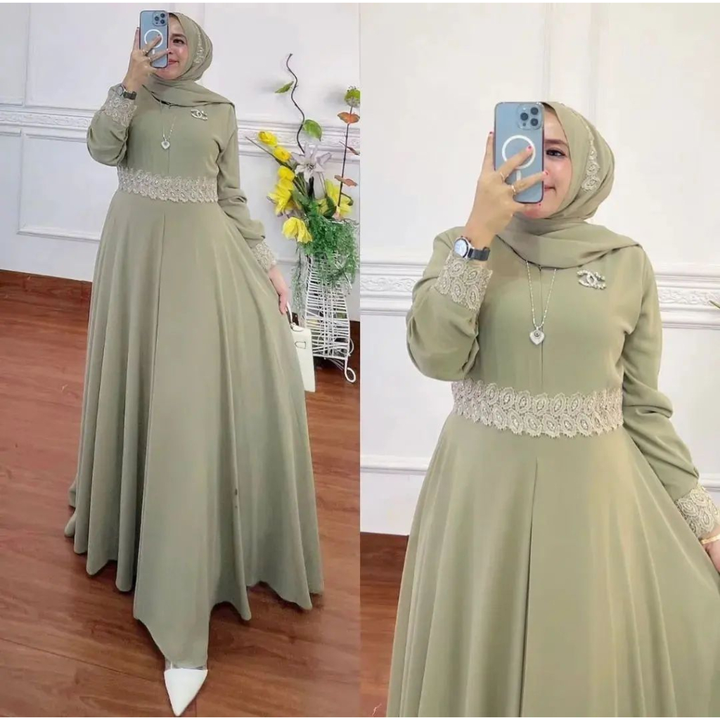 Nayla set pashmina Gamis mewah baju kondangan aplikasi renda gamis pesta ttrbaru kekinian bahan ceruty full furring