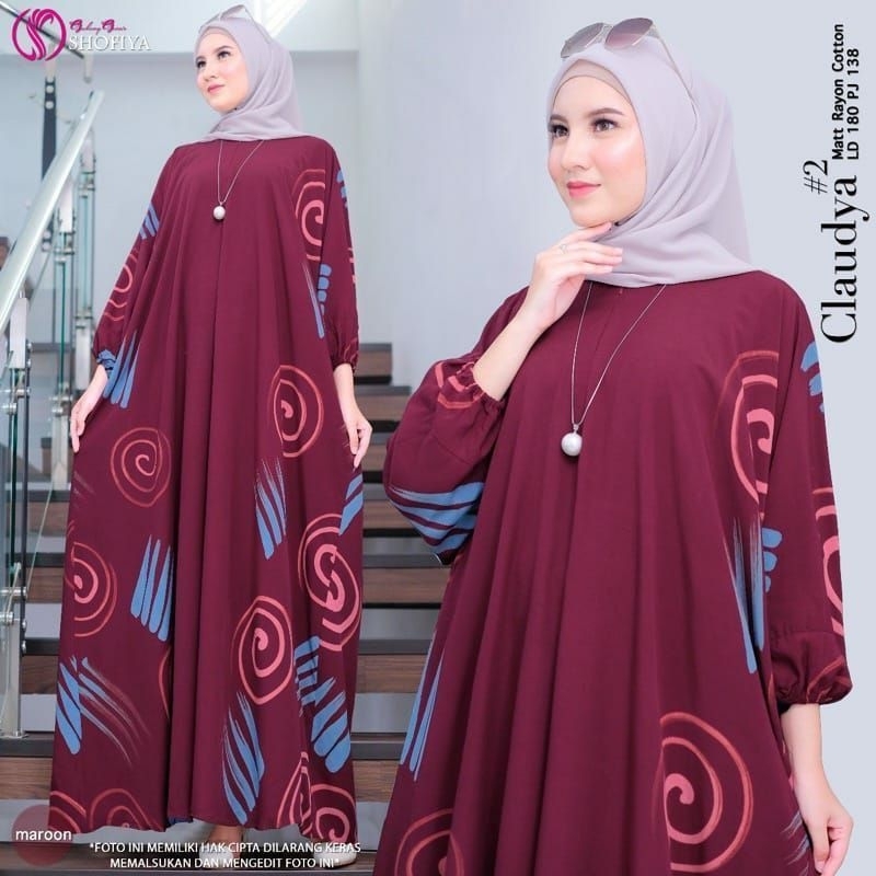 Kaftan Wanita - Daunda Kaftan Size Jumbo XXXXL Motif Daun Lengan Panjang Busui Resleting by Nadira_Fashion / Gamis Rayon Jumbo Kaftan Terbaru-Nyamok marun