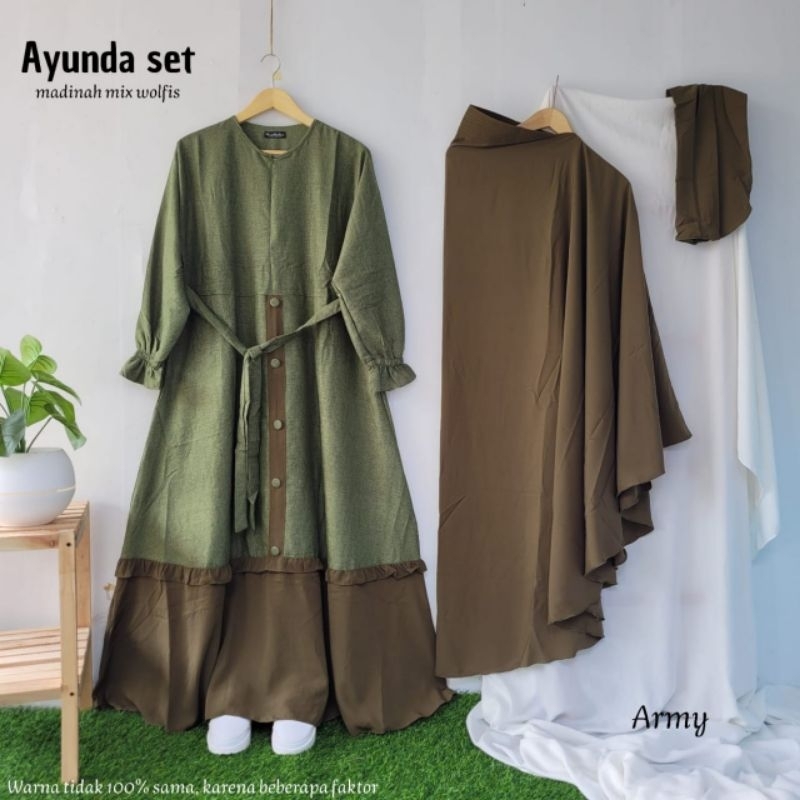 SET AYUNDA gamis set syar'i free cadar tali bahan madinah mix jotol busui frendly