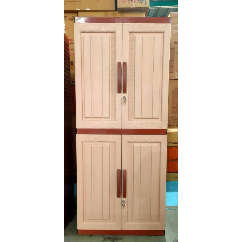 NEWLEMARI PAKAIAN/LEMARI PLASTIK 4SUSUN 2P MOTIF KAYU + KUNCI
