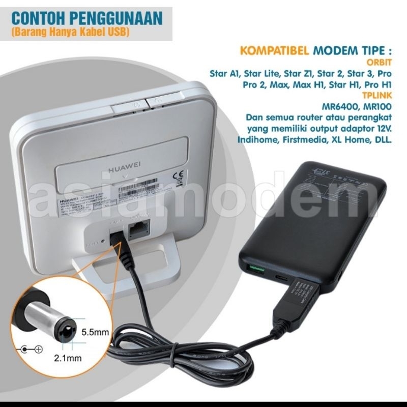 KABEL POWER BANK USB TO DC 12V UNTUK SEMUA JENIS  MODEM ORBIT