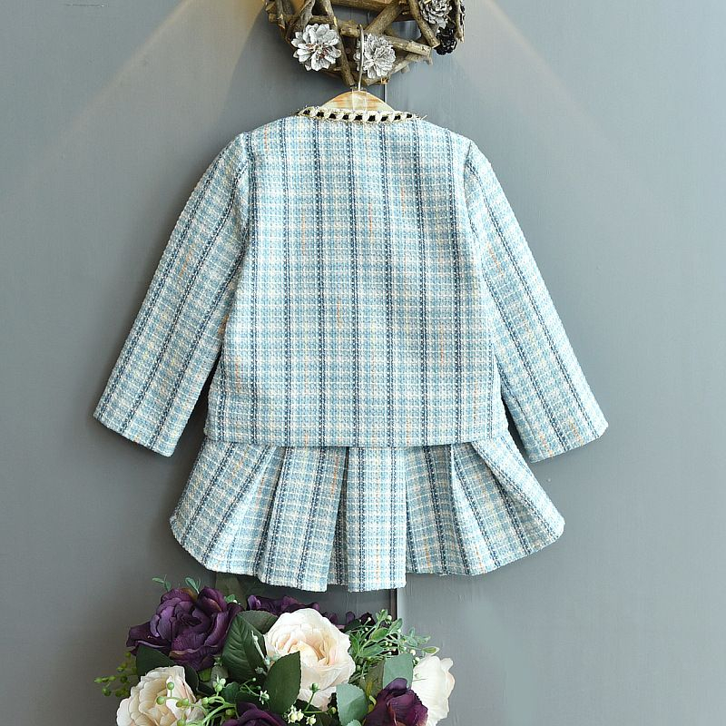 Setelan Anak Perempuan Rok Tweed Woll Motif  Kotak Biru Pocket Off Button