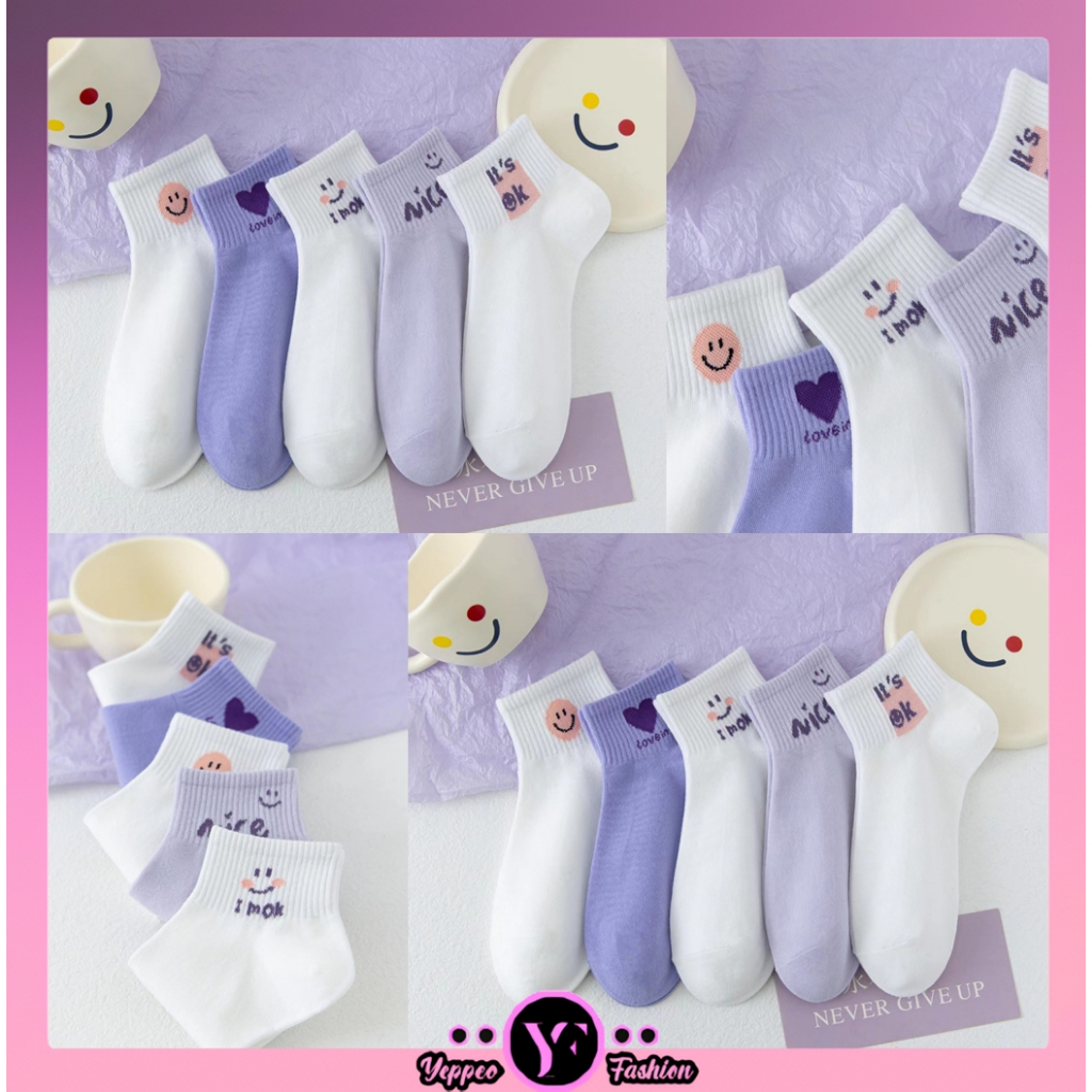 •YF• KK1125 Kaos Kaki Pendek Wanita Motif Smile Ungu Fashion Korean Semata Kaki Putih Socks Import Ankle