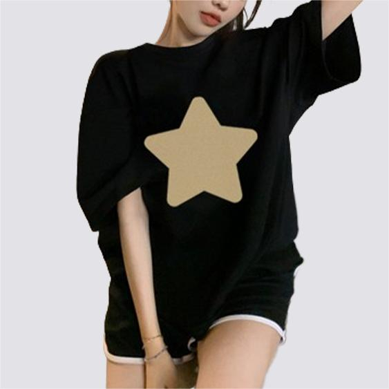 XiaoZhaiNv Kaos Atasan Oversize Wanita Cream Stars Pattern Lengan Pendek A0114