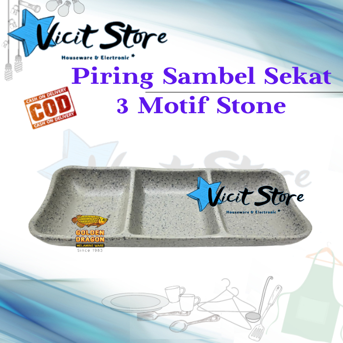 Piring Sambel Sekat 3 Motif Stone / Tempat Sambel Sekat 3 Motif Stone