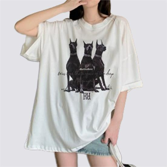 XiaoZhaiNv Kaos Atasan Oversize Wanita Three Black Dogs Pattern Lengan Pendek A0444