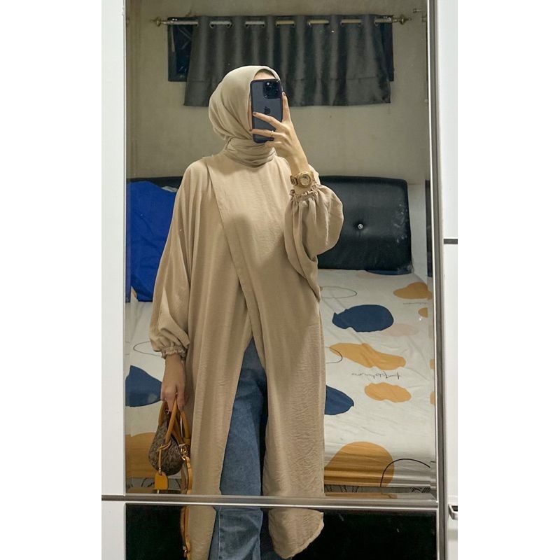 Tamstore Mecca Tunik Crinkle Polos Belah Depan Pergelangan Lengan Karet