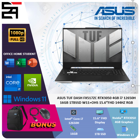 Asus Tuf Dash FX517ZC RTX3050 4GB i7 12650H 16GB 1TB SSD W11 OHS 15.6 Inchi FHD 144Hz