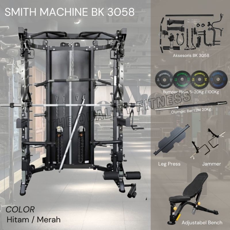 Complete Multi Fungsional Smith Machine Bk3058 Black, Bumper Plate Ironbull 100Kg