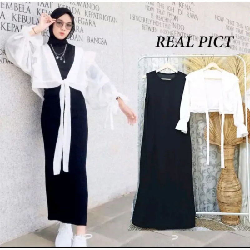 SATU SET DRESS SERAYU/OUTER PUTIH OUFIT WANITA KEKINIAN/DRESS HITAM,ROMPI PUTIH SATU SET/GAMIS WANIT